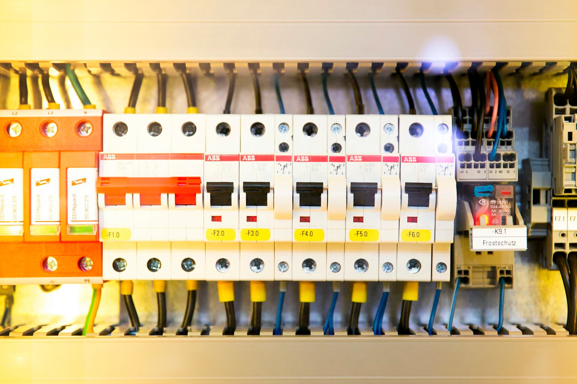 Residential electrical panel with labeled breakers
